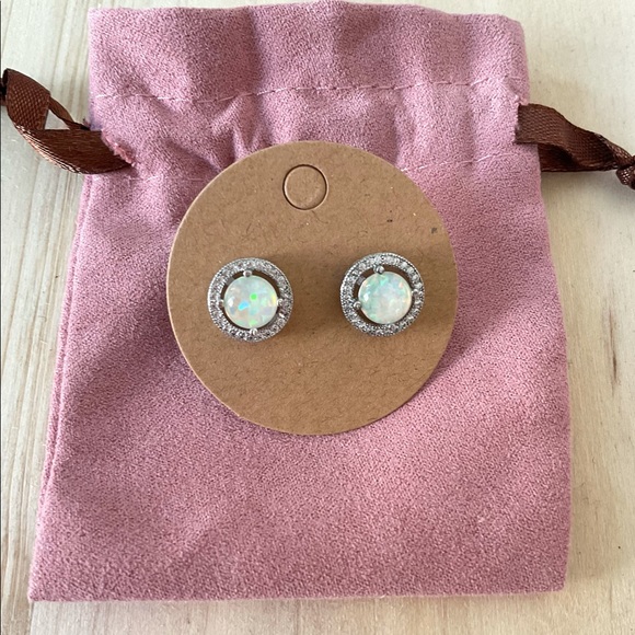 Sterling silver opal stud earrings cubic zirconia pave round halo earrings - Picture 6 of 7